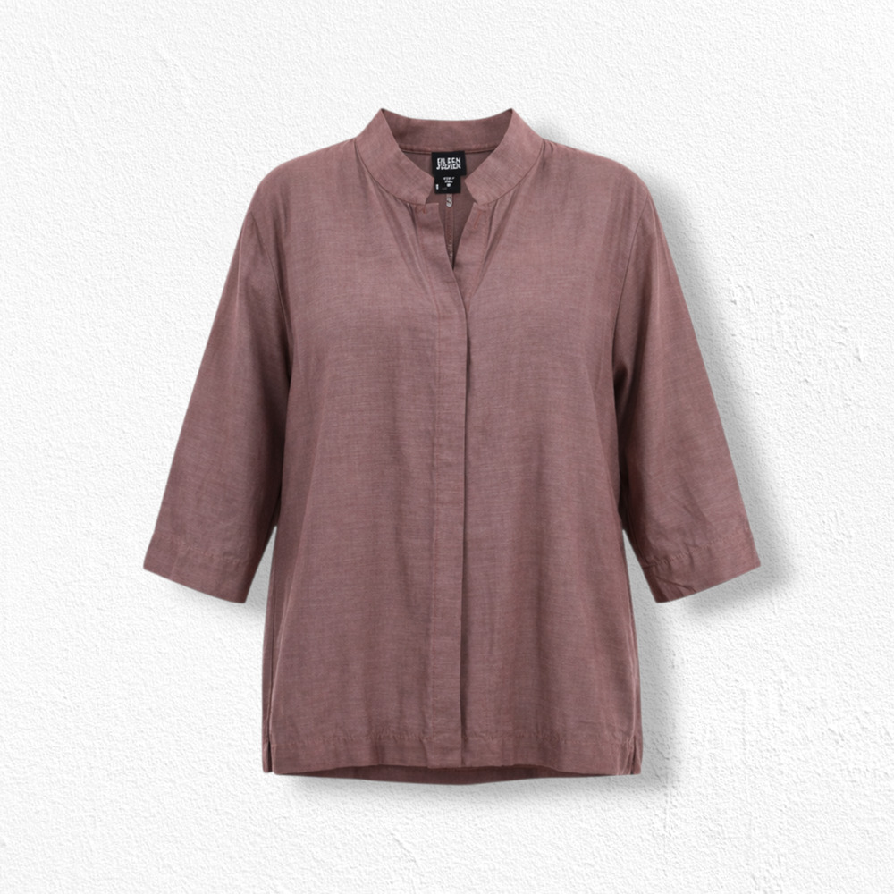 Y2K Eileen Fisher Brown Linen Silk Mandarin Collar 3/4 Sleeve Shirt Size Medium